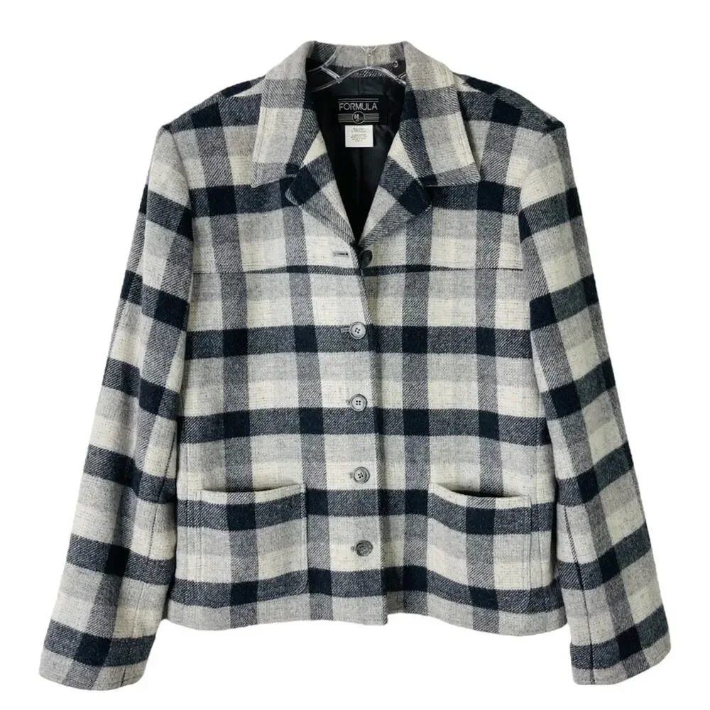 Formula grey white wool plaid button barn chore coat preppy jacket 12